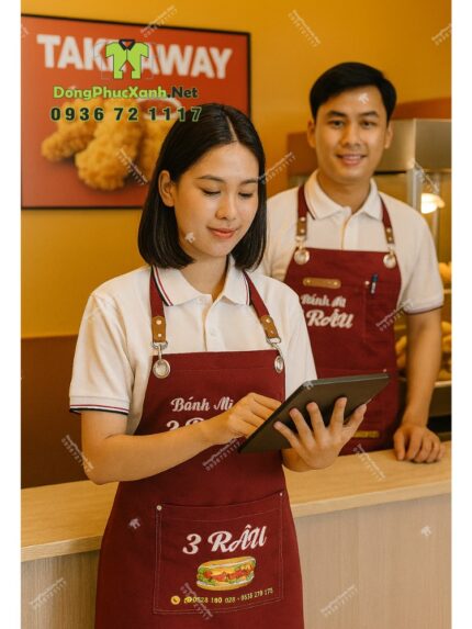 Tạp dề kaki đỏ đô in logo quán Bánh Mì 3 Râu