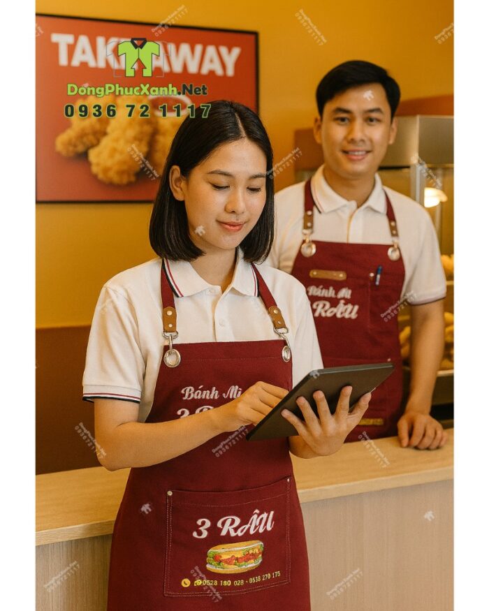 Tạp dề kaki đỏ đô in logo quán Bánh Mì 3 Râu