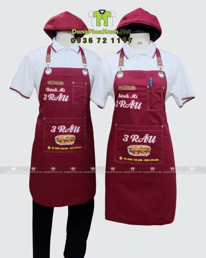 Tạp dề kaki đỏ đô in logo quán Bánh Mì 3 Râu