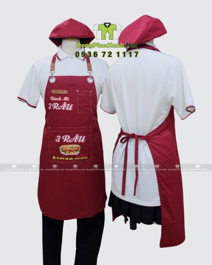 Tạp dề kaki đỏ đô in logo quán Bánh Mì 3 Râu