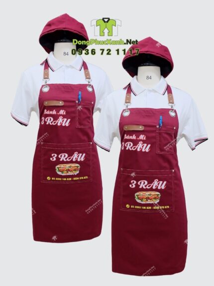 Tạp dề kaki đỏ đô in logo quán Bánh Mì 3 Râu