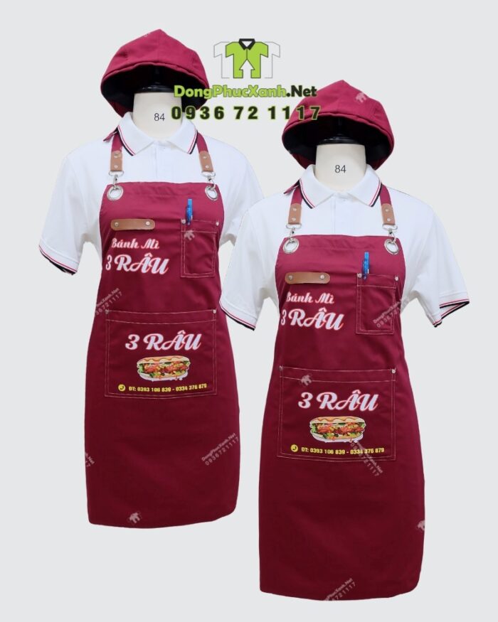 Tạp dề kaki đỏ đô in logo quán Bánh Mì 3 Râu