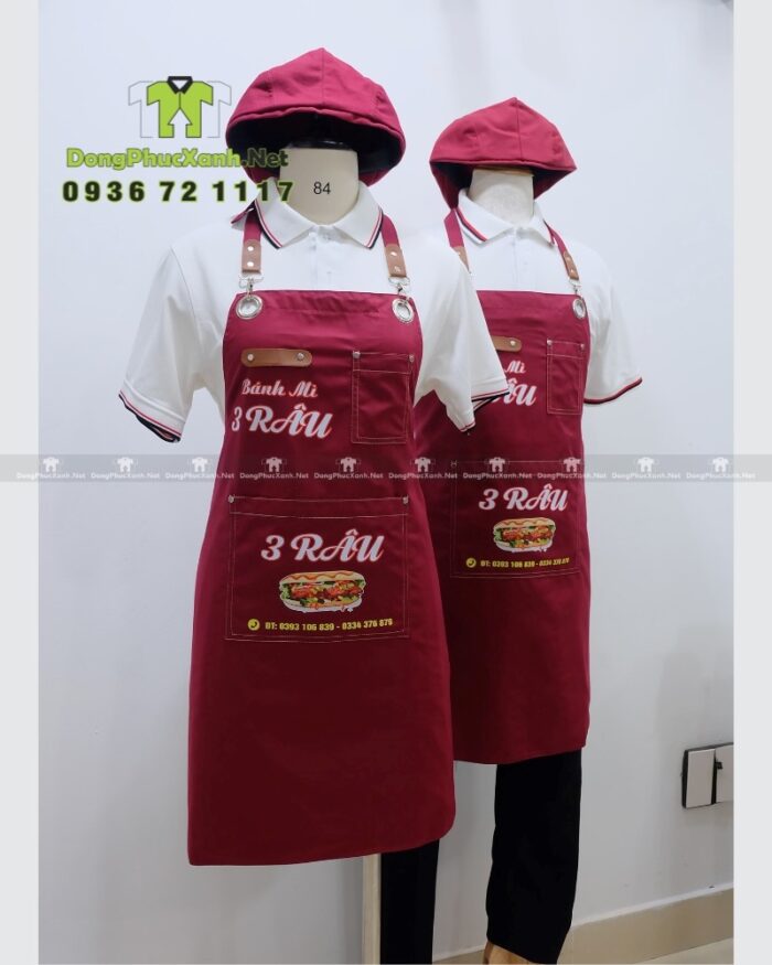 Tạp dề kaki đỏ đô in logo quán Bánh Mì 3 Râu