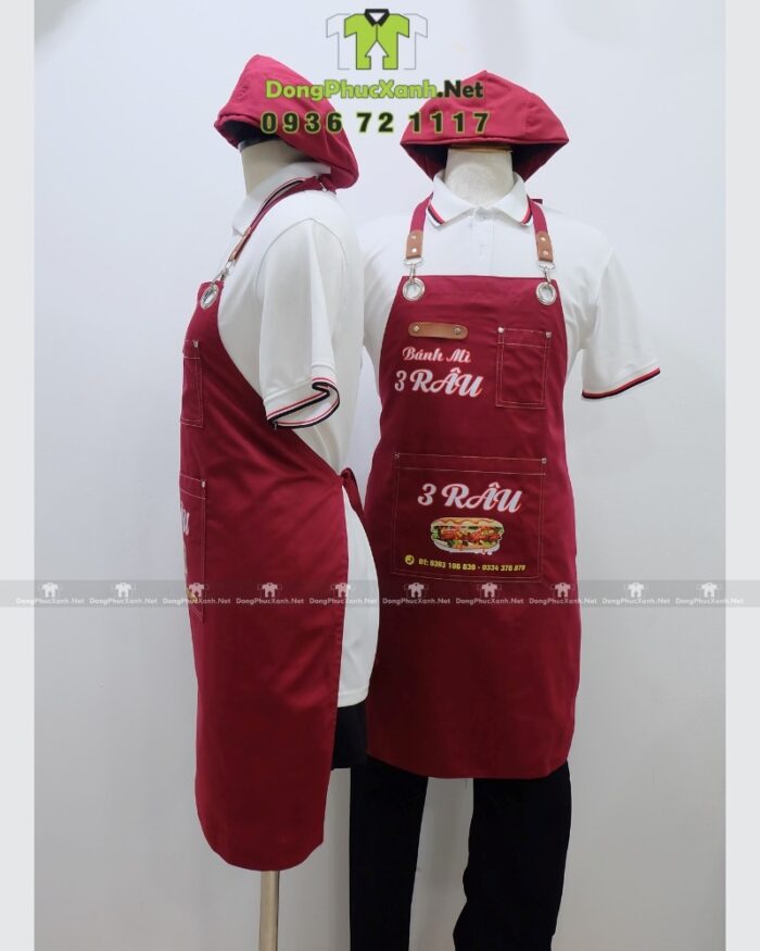 Tạp dề kaki đỏ đô in logo quán Bánh Mì 3 Râu
