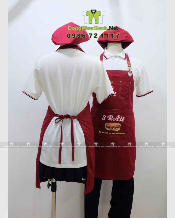 Tạp dề kaki đỏ đô in logo quán Bánh Mì 3 Râu