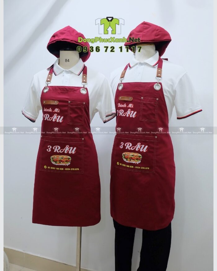 Tạp dề kaki đỏ đô in logo quán Bánh Mì 3 Râu