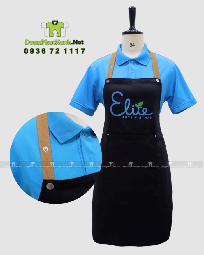 Tạp dề Elite màu đen cho giáo viên và màu xanh cho học sinh.