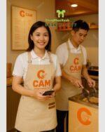 Tạp dề kaki cotton màu be in logo CAM quán trà sữa