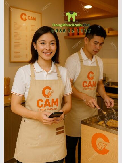 Tạp dề kaki cotton màu be in logo CAM quán trà sữa