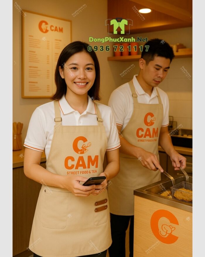 Tạp dề kaki cotton màu be in logo CAM quán trà sữa
