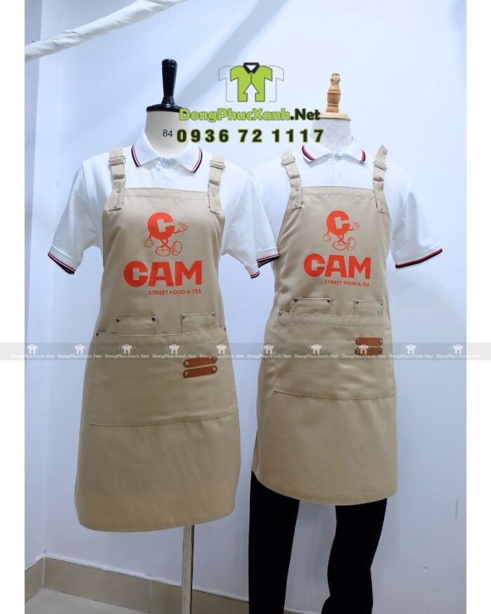 Tạp dề kaki cotton màu be in logo CAM quán trà sữa