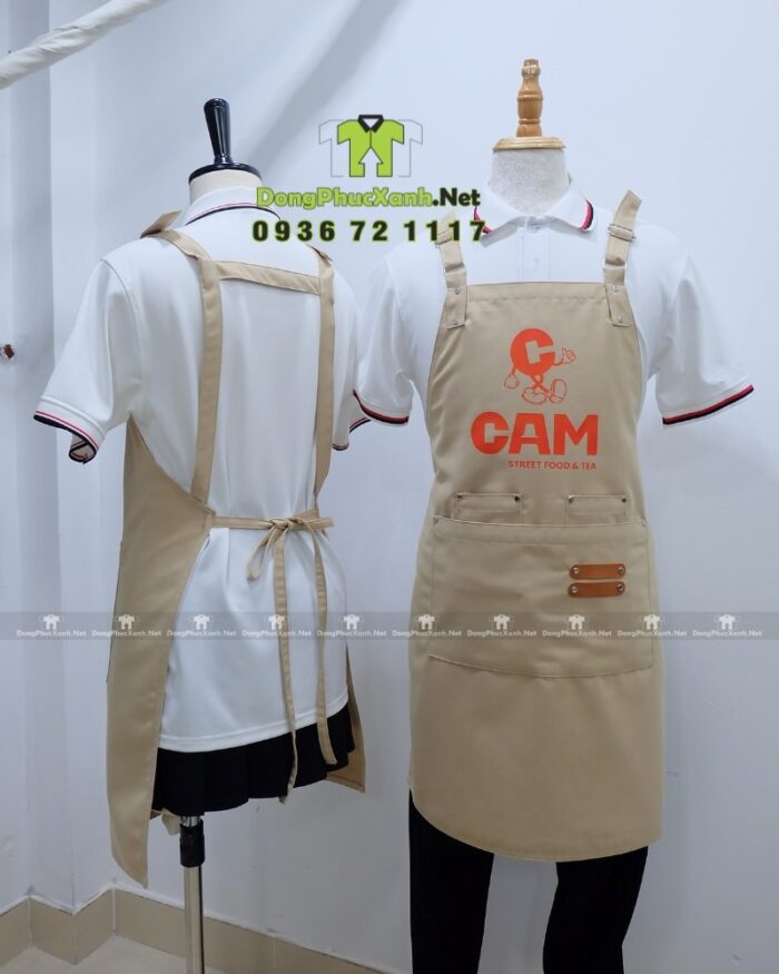 Tạp dề kaki cotton màu be in logo CAM quán trà sữa
