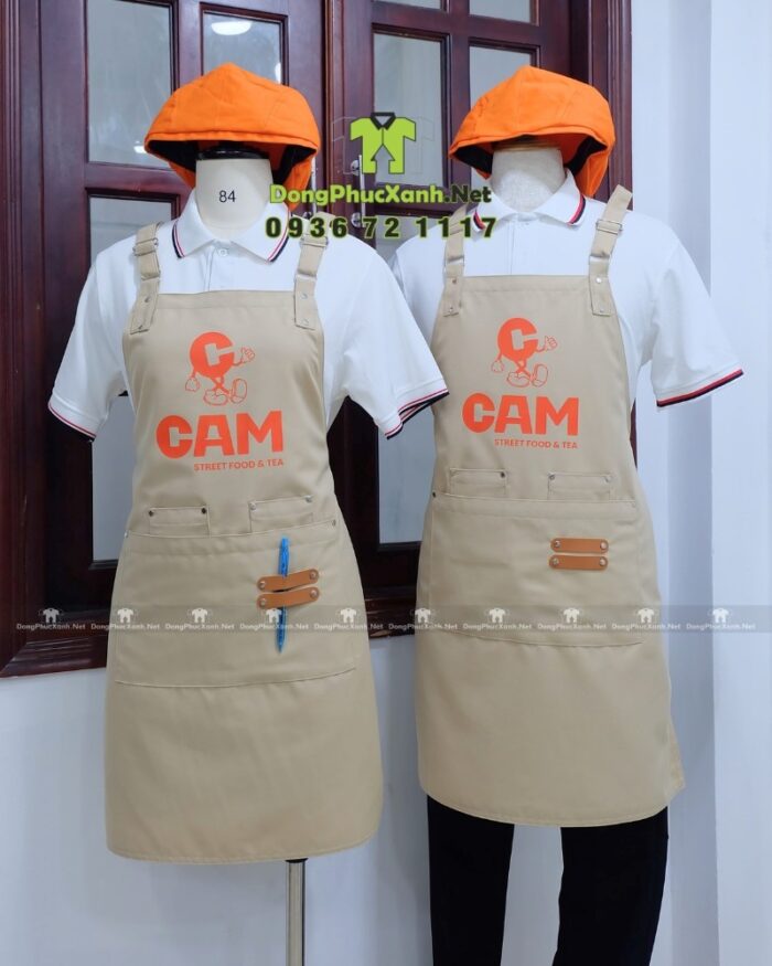 Tạp dề kaki cotton màu be in logo CAM quán trà sữa