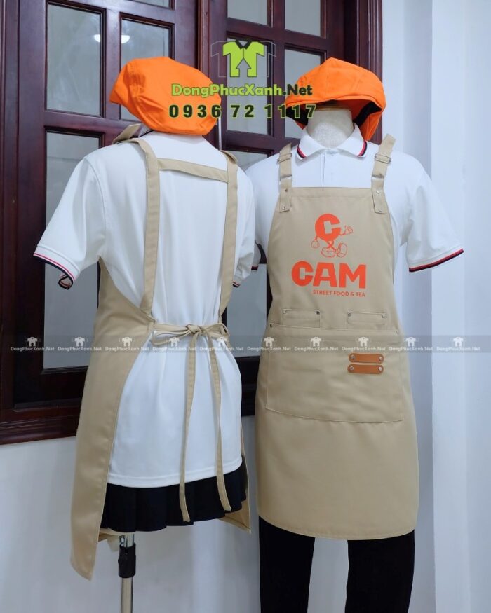 Tạp dề kaki cotton màu be in logo CAM quán trà sữa