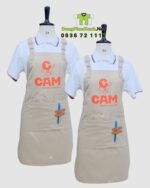Tạp dề kaki cotton màu be in logo CAM quán trà sữa