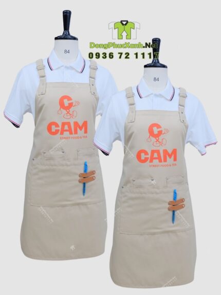 Tạp dề kaki cotton màu be in logo CAM quán trà sữa