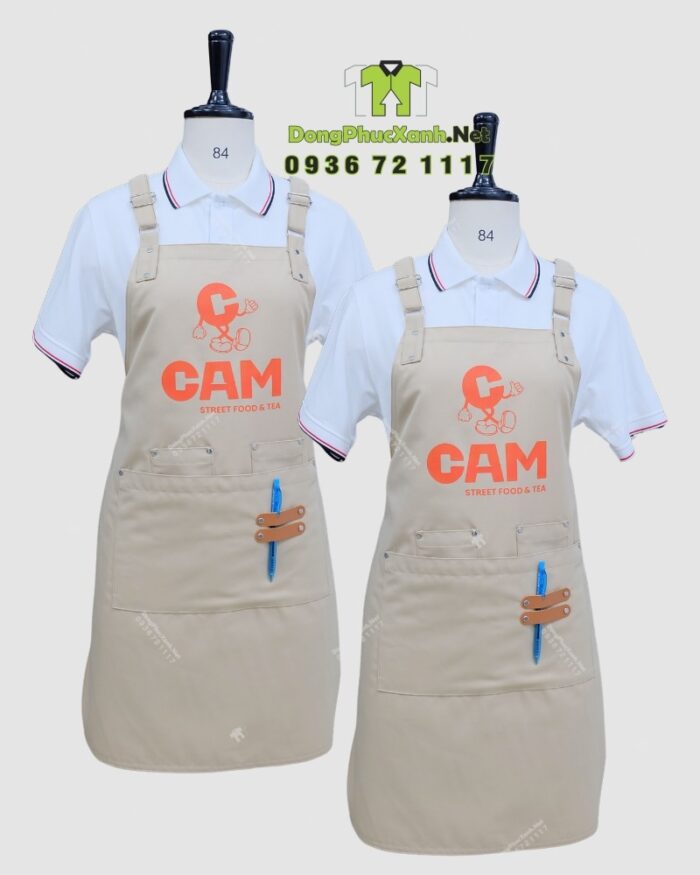 Tạp dề kaki cotton màu be in logo CAM quán trà sữa