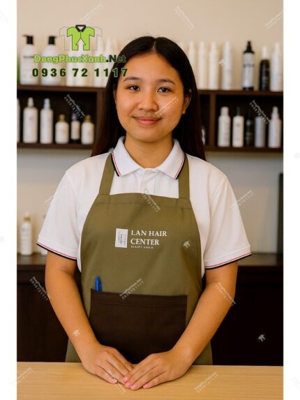 Tạp dề tiệm tóc Lan Hair Center màu xanh rêu phối túi nâu nổi bật