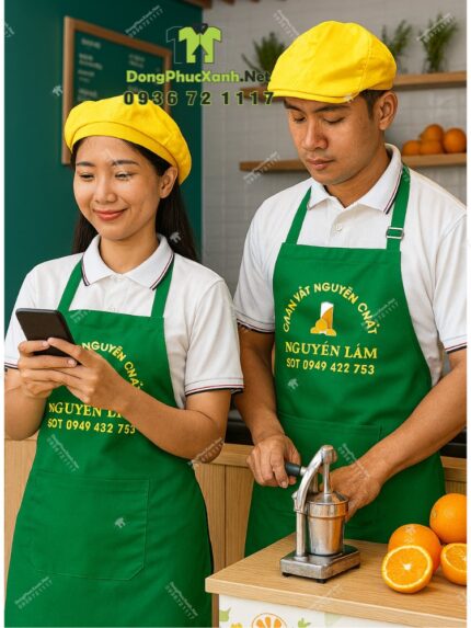 Tạp dề kaki pha chế in logo Cam Vắt Nguyễn Lâm nổi bật