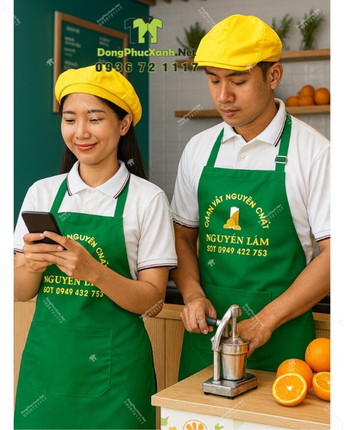 Tạp dề kaki pha chế in logo Cam Vắt Nguyễn Lâm nổi bật