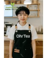 Tạp dề màu đen chất liệu kaki cotton in logo Oh! Tea thiết kế dây đeo da phối kim loại