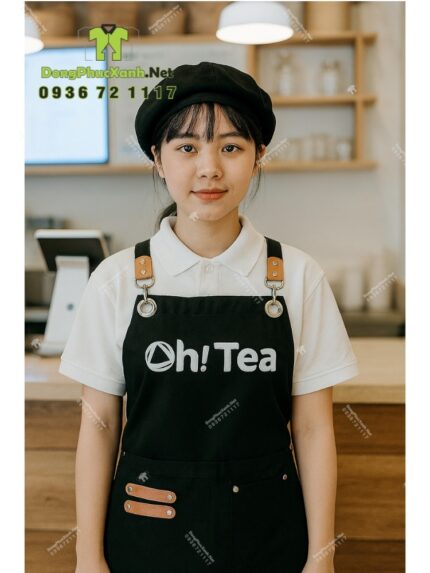 Tạp dề màu đen chất liệu kaki cotton in logo Oh! Tea thiết kế dây đeo da phối kim loại