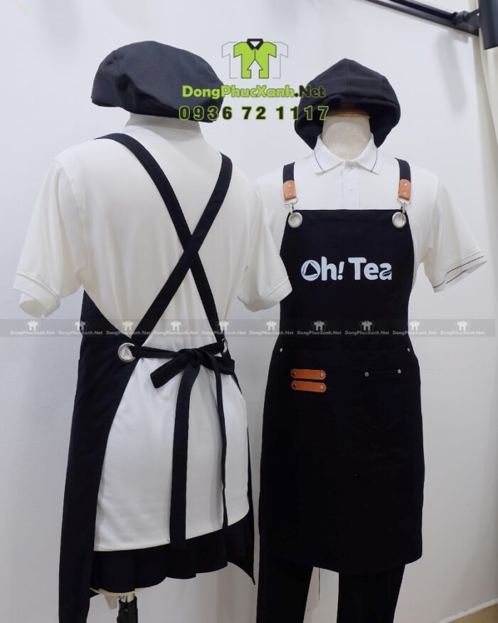 Tạp dề màu đen chất liệu kaki cotton in logo Oh! Tea thiết kế dây đeo da phối kim loại