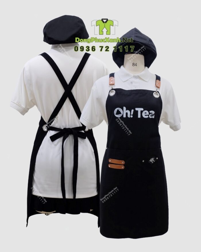 Tạp dề màu đen chất liệu kaki cotton in logo Oh! Tea thiết kế dây đeo da phối kim loại