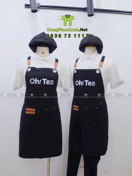 Tạp dề màu đen chất liệu kaki cotton in logo Oh! Tea thiết kế dây đeo da phối kim loại