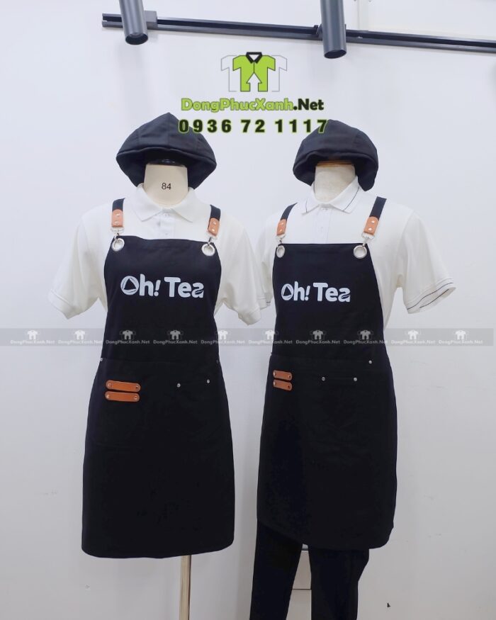 Tạp dề màu đen chất liệu kaki cotton in logo Oh! Tea thiết kế dây đeo da phối kim loại