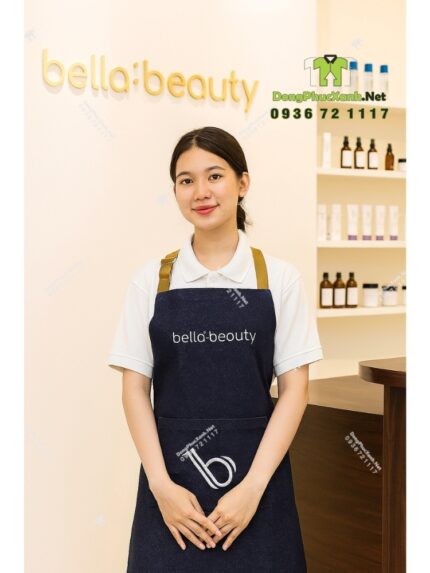 Tạp dề tiệm nails vải denim jean thêu logo Bella Beauty