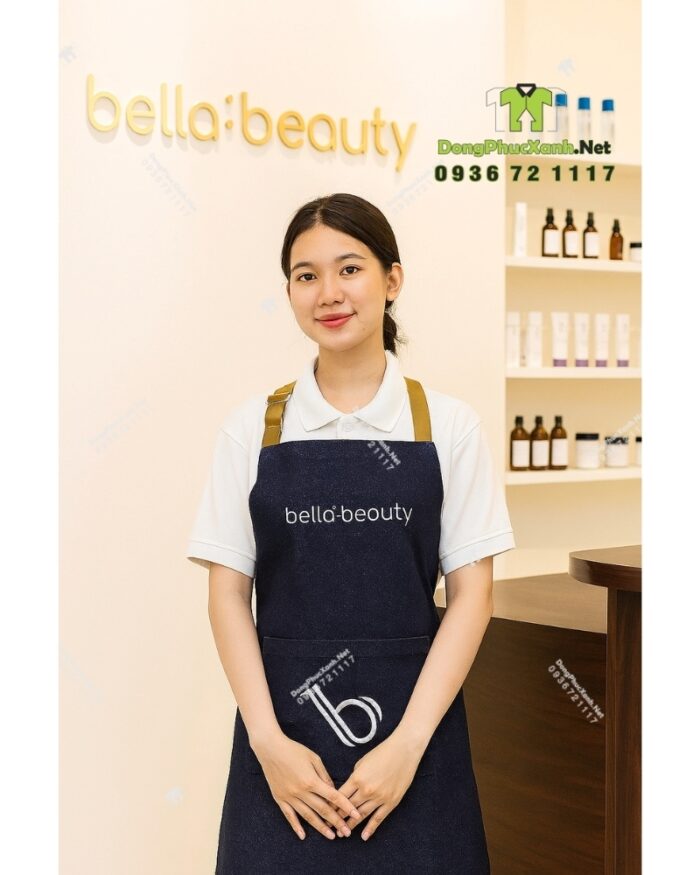 Tạp dề tiệm nails vải denim jean thêu logo Bella Beauty