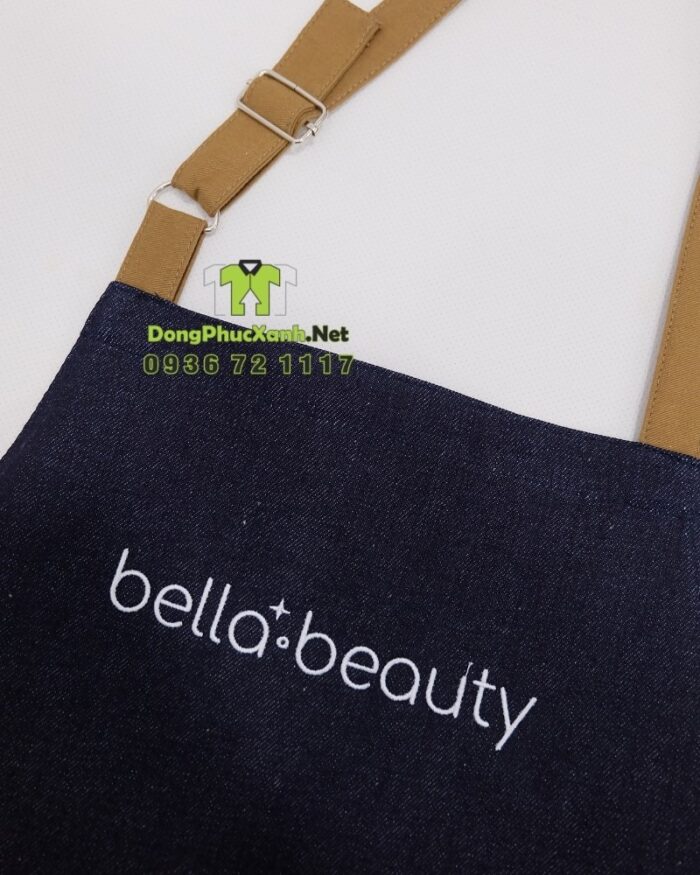 Tạp dề tiệm nails vải denim jean thêu logo Bella Beauty