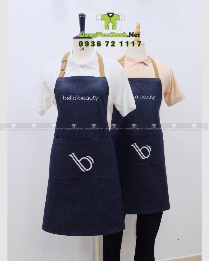 Tạp dề tiệm nails vải denim jean thêu logo Bella Beauty