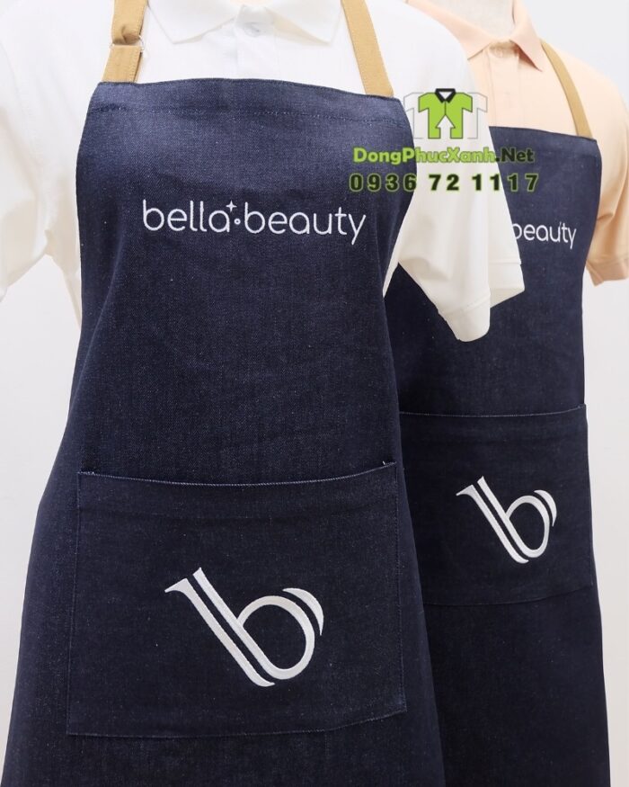 Tạp dề tiệm nails vải denim jean thêu logo Bella Beauty