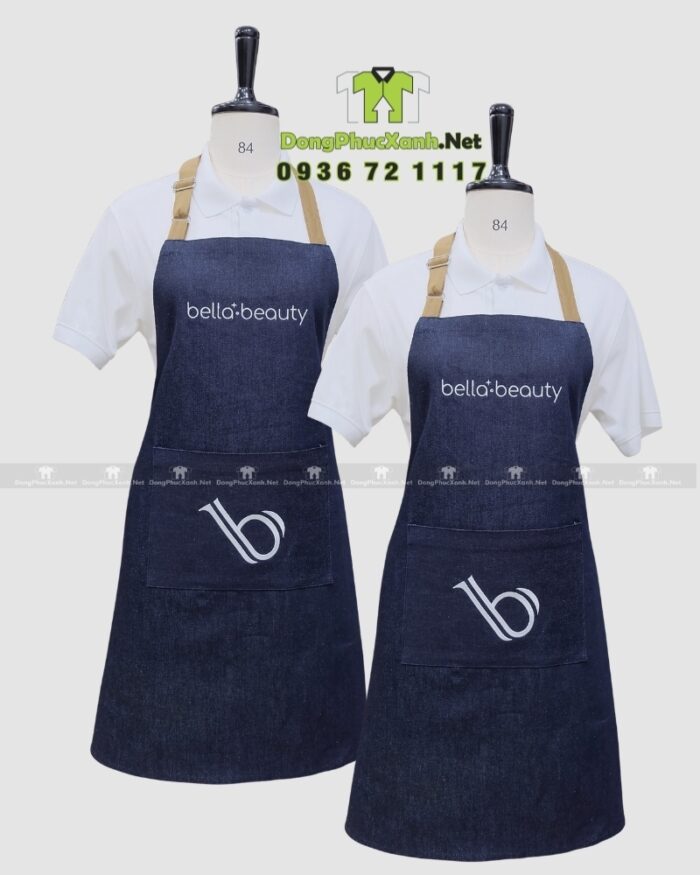 Tạp dề tiệm nails vải denim jean thêu logo Bella Beauty