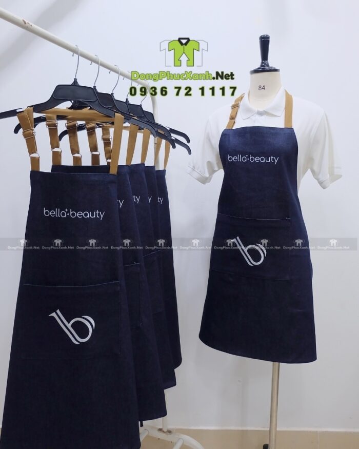 Tạp dề tiệm nails vải denim jean thêu logo Bella Beauty