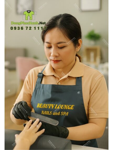 Tạp dề nail màu xám sang trọng thêu logo Beauty Lounge nổi bật