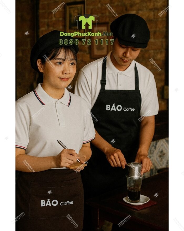 Tạp dề dài và tạp dề ngắn đồng phục quán cà phê in logo BÁO Coffee