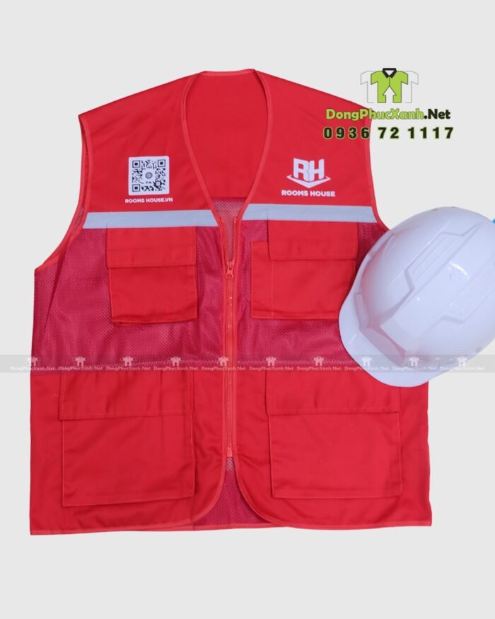 Áo gile kỹ sư phản quang Rooms House màu đỏ phối lưới