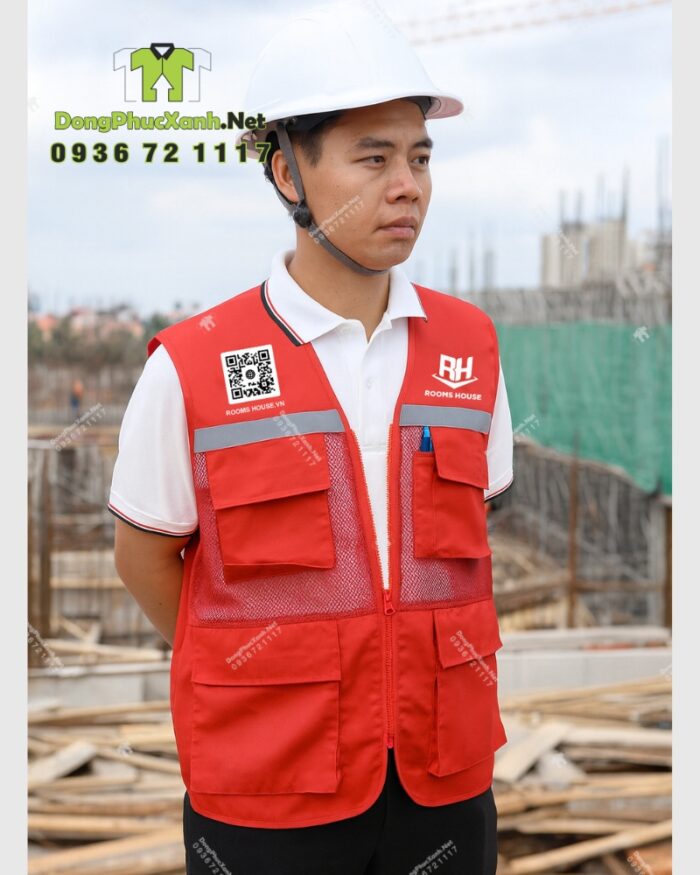 Áo gile kỹ sư phản quang Rooms House màu đỏ phối lưới