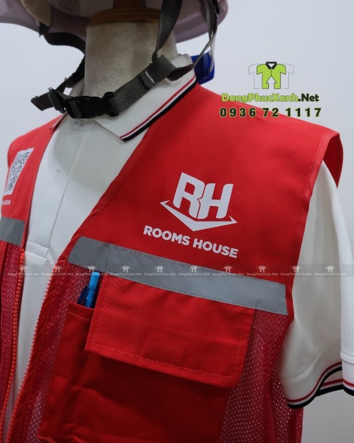 Áo gile kỹ sư phản quang Rooms House màu đỏ phối lưới