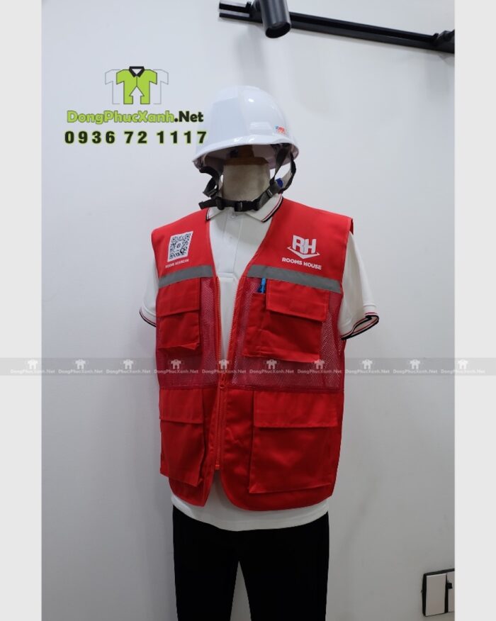 Áo gile kỹ sư phản quang Rooms House màu đỏ phối lưới