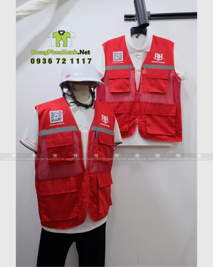 Áo gile kỹ sư phản quang Rooms House màu đỏ phối lưới