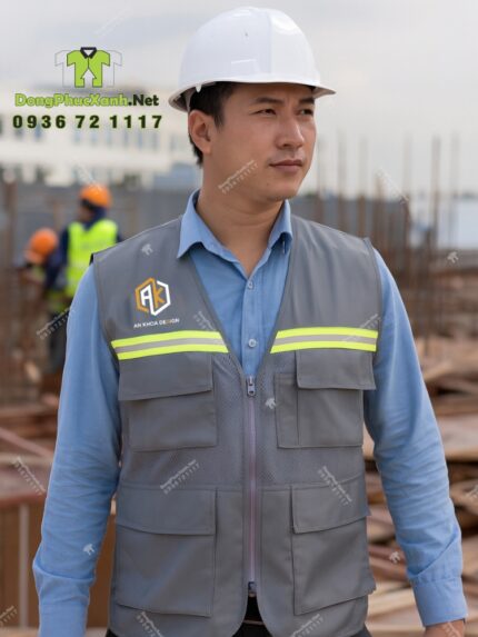 Áo gile phản quang màu xám An Khoa Design phối lưới có túi