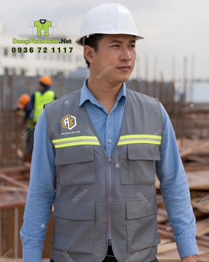 Áo gile phản quang màu xám An Khoa Design phối lưới có túi