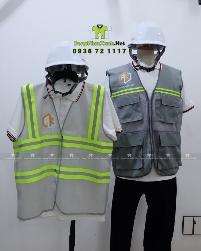 Áo gile phản quang màu xám An Khoa Design phối lưới có túi