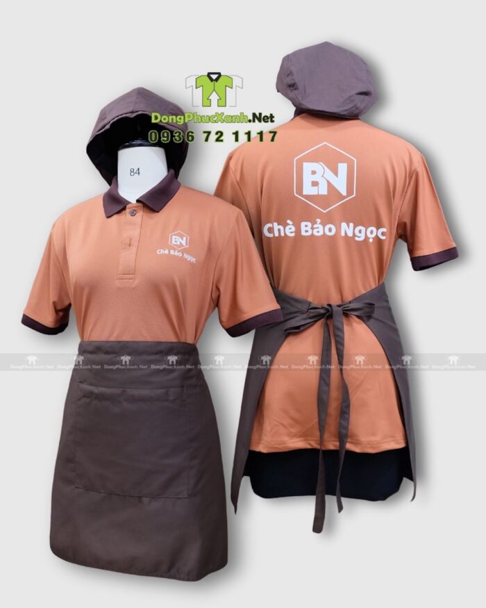 Đồng phục tiệm chè Chè Bảo Ngọc gồm áo thun, tạp dề, nón