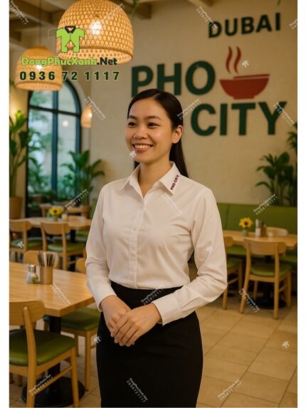Áo sơ mi đồng phục phục vụ PHO CITY thêu logo trên cổ áo