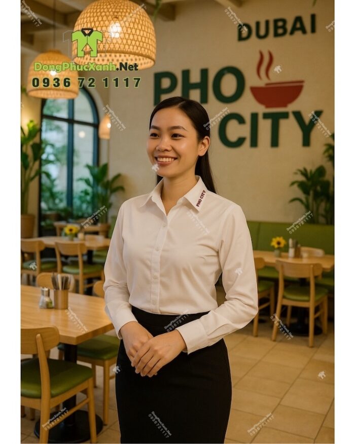 Áo sơ mi đồng phục phục vụ PHO CITY thêu logo trên cổ áo